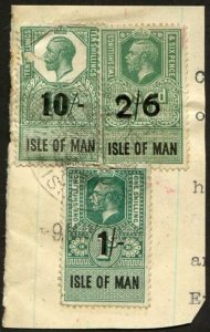 Isle of Man KGV 2/6 PAIR and KGVI 2/- and 6 d Key Plate Type Revenues on Piece