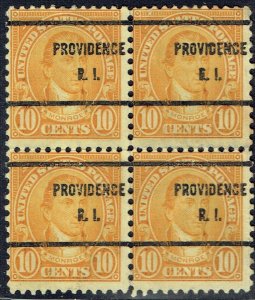 US: 1926 10c MONROE block/4 with PROVEDENCE RI (642-61) precancel. w/REPAIR!