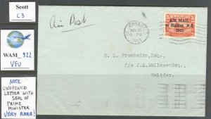 WAM_922. NEWFOUNDLAND. Rare postal history document with Scott C3 on letter.
