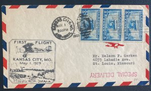 1929 Kansas City MO USA First flight Airmail Cover FFC To St Louis