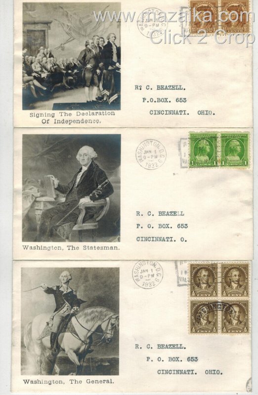 '32 GEORGE WASHINGTON BICENTENNIAL 704-715 CMPLT SET OF 12 BEAZELL PHOTO CACHETS