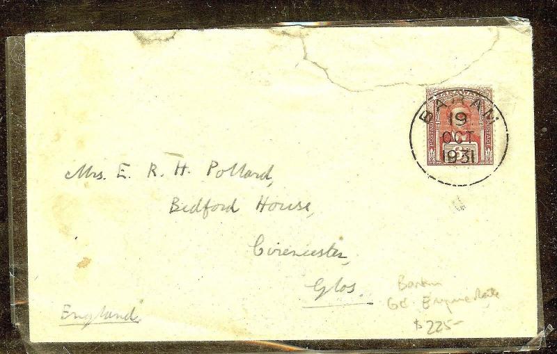 SARAWAK (P1106B) 1931 6C EMPIRE RATE BARAM TO ENGLAND FAMILY POLLARD!!!!