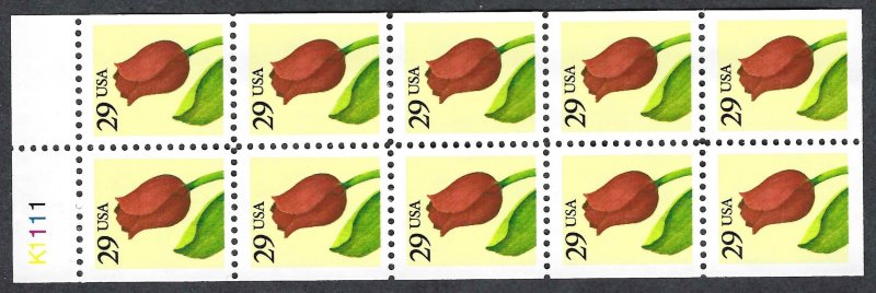 United States 2527a 29¢ Red Tulip (1991). Booklet pane of 10. MNH