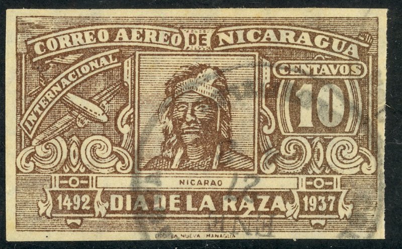 NICARAGUA 1937 10c NICARAO IMPERF. Airmail Issue Sc C219a VFU