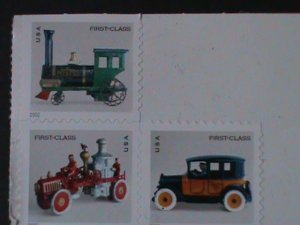 ​UNITED STATES-2002-SC# 3645 ANTIQUE TOYS- BLOCK OF 3-FROM BOOKLET-MNH VF