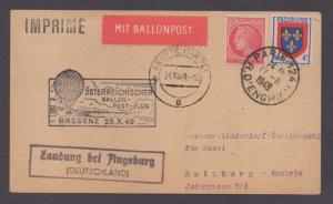 **France 20th Century 1949 BALLOON Post Cover, Paris to Austria 