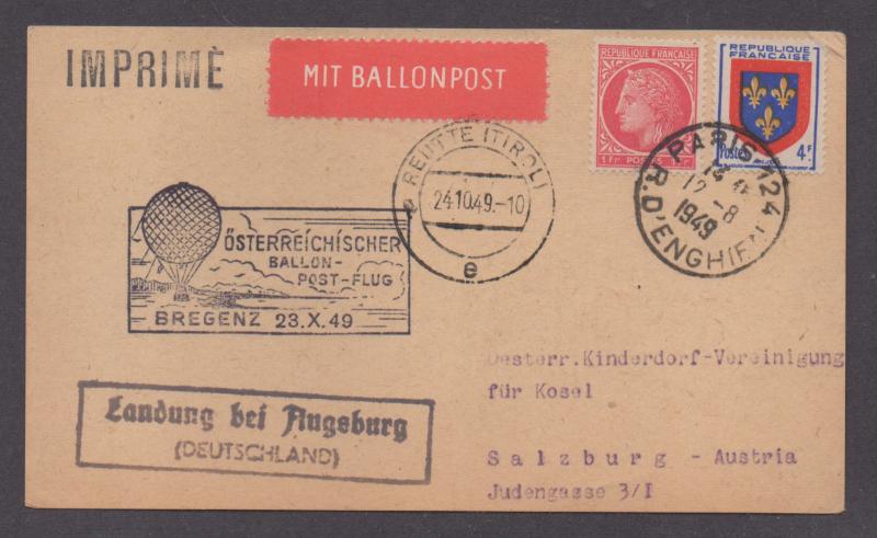 **France 20th Century 1949 BALLOON Post Cover, Paris to Austria