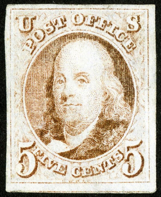 US Stamps 1 MLH Four Margins Disturbed OG Scott Value 6,500.00