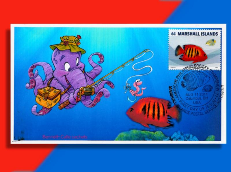 Fishing for Marshall Islands Fish with Calle, Bennett and an Octopus! FDC Pair.