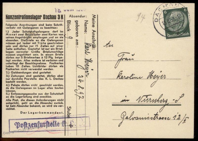 3rd Reich Germany 1938 Concentration Camp KL Dachau R7 Cover 91655