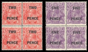 Australia #106-107 Cat$100, 1930 Surcharges, set of two in blocks of four, on...