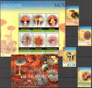 Papua New Guinea 2005 Mushrooms Set of 4 + 2 S/S MNH