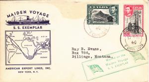 Ceylon Ship Cover 1940 Maiden Voyage SS Exemplar to NY Franked Scott #278b, #...