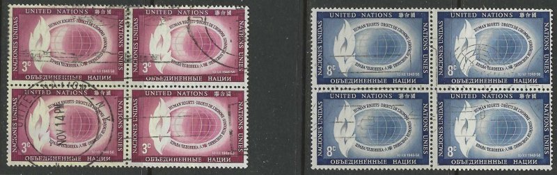 UNITED NATIONS NEW YORK 1956 HUMAN RIGHTS Set Blocks of 4 Sc 47-48 VFU FDOI Cxls