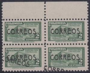 COLOMBIA 1948 Sc 563 MARGINAL BLOCK OF FOUR DOUBLE OVERPRINTS MNH F,VF 