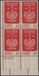 Scott # 1313 1966 5c red  Polish Crowned
Eagle  Plate Block - Lower Left - Mint 