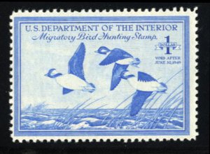 United States, Duck Hunting #rW15 Cat$60, 1948 $1 bright blue, lightly hinged