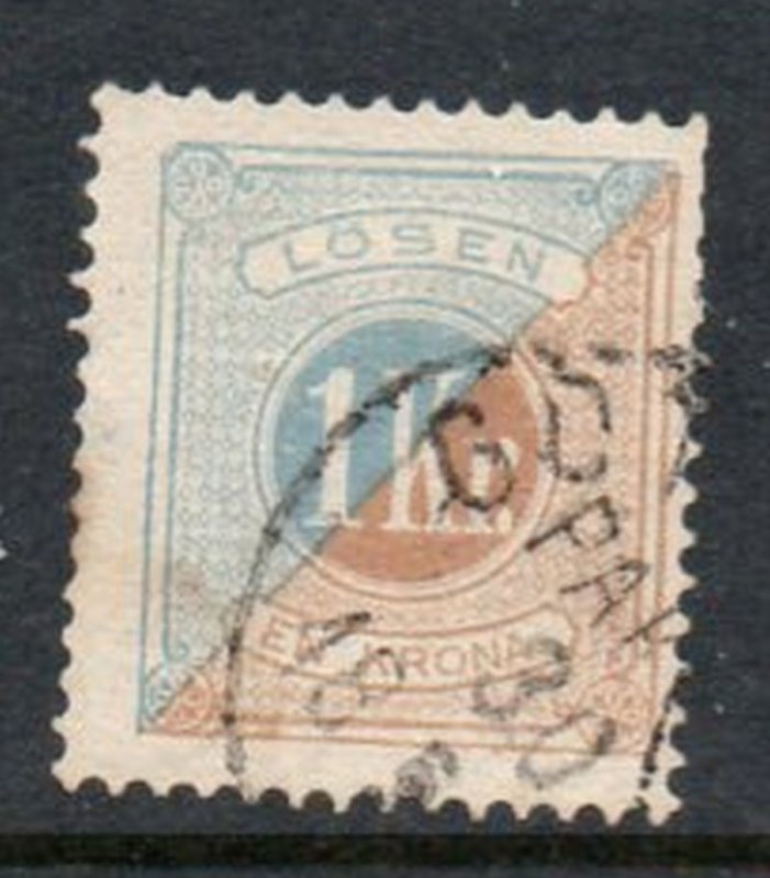 Sweden Sc J72 1877 1 kr blue & bistre postage due stamp used