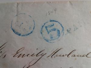 STAMPLESS  LETTER W/ BLUE CANCEL !!  AMERICAN POSTAL HISTORY 1849 !! WOW !!!!