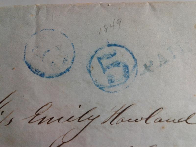 STAMPLESS  LETTER W/ BLUE CANCEL !!  AMERICAN POSTAL HISTORY 1849 !! WOW !!!!