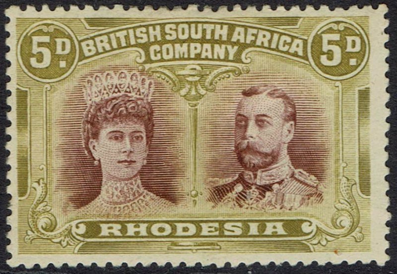 RHODESIA 1910 KGV DOUBLE HEAD 5D PURPLE BROWN AND OLIVE YELLOW PERF 14