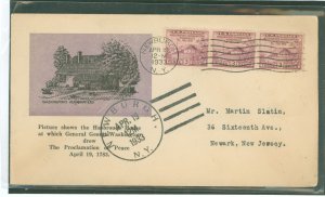 US 727 1933 3c Washington's Headquarters (Peace Treaty of 1783) strip of three on an addressed first day cover with a Ro...