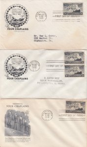 Scott # 956 Four Chaplains 9 First Day Covers Various Cachets