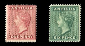 Antigua #18-19 Cat$80, 1882-84 1p carmine, 6p deep green, hinged