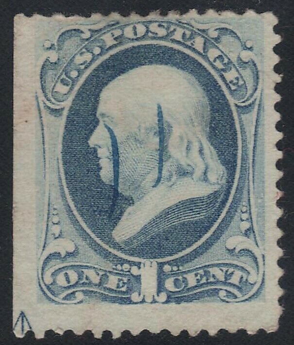 US Scott # 182 1c Franklin Blue Pen Cancel & Arrow Margin