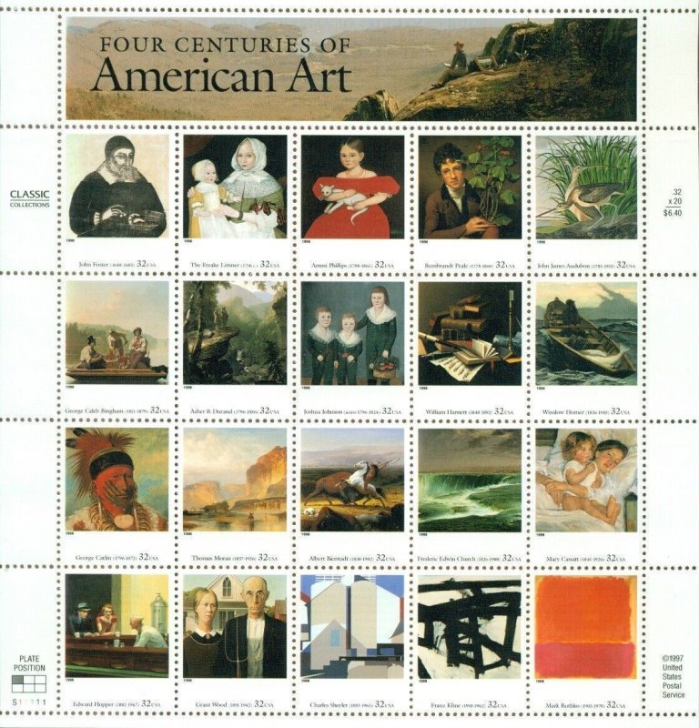 US: 1998 FOUR CENTURIES AMERICAN ART; Complete Sheet Sc 3236; 32 Cents Values