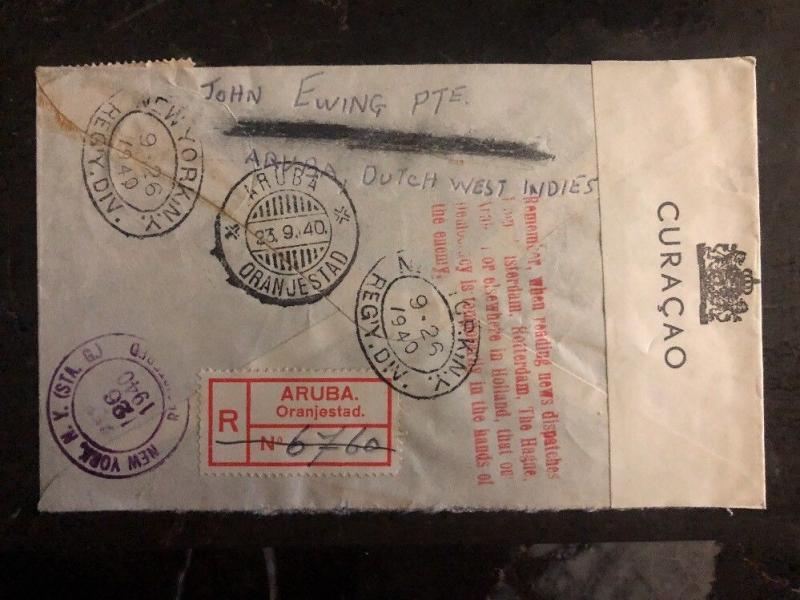 1940 Aruba Curacao Dutch West Ind Censored Cover To Ring Book Shop New York USA