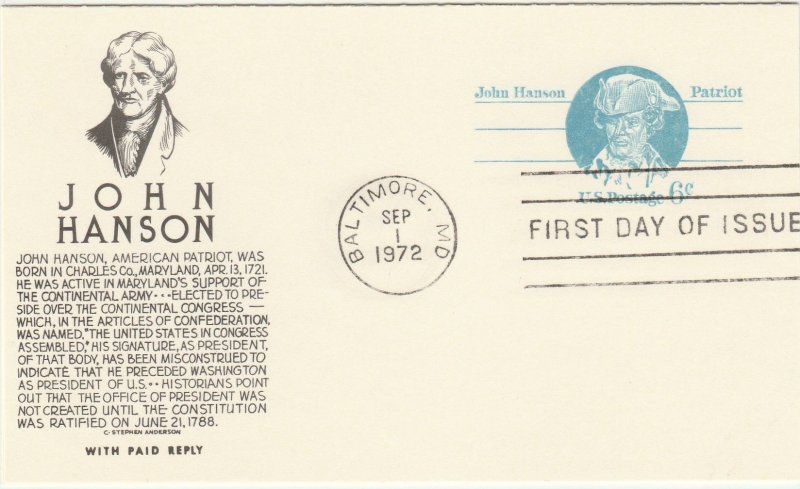 Scott# UY23 US Postal Reply Card FDC Anderson Cachet