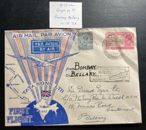 1932 Bombay India First Flight Airmail cover FFC To Bellary Tata Airways