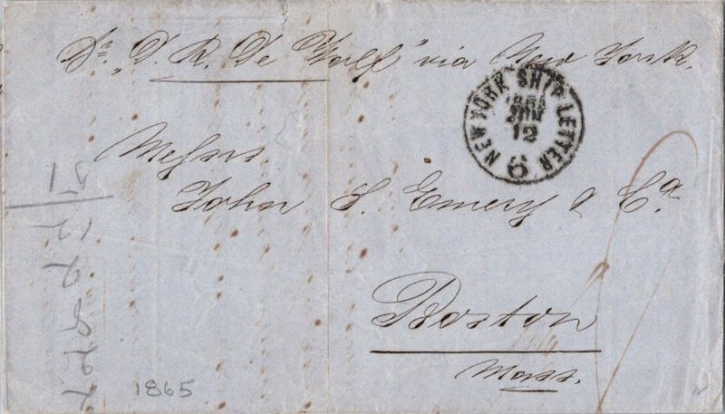 United States Stampless Mayaguez 1865 dateline New York Ship Letter 6 single-...