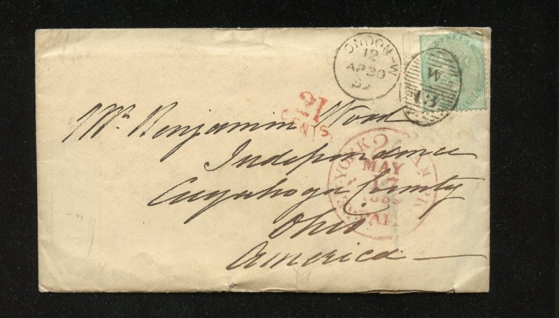GREAT BRITAIN SCOTT #28 LONDON 1853 COVER TO OHIO POSTAGE DUE 21 CENTS RED PAID