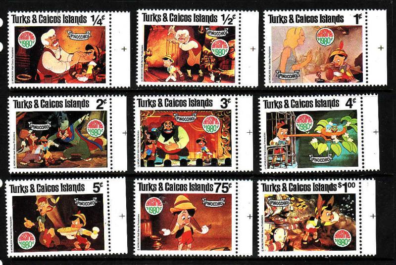 Turks & Caicos-Sc#442-50-unused NH set-Disney-Pinocchio-1980-