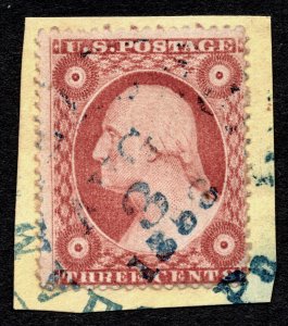 US 1858 3¢ Washington Stamp #26A On Paper Blue Cancel Used CV $150