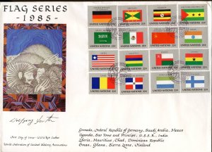 UNITED NATIONS 1985 FLAG  SET WFUNA CACHET BY WOLFGANG HUTTER ON FDC