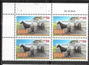 US #3090  32c Rural Free Delivery  Plate Block of 4 CV $3.50