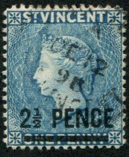 St Vincent SC# 56a (SG#49) Queen Victoria, Surcharged, Used