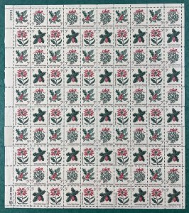 1254 - 1257 CHRISTMAS FLOWERS Tagged Sheet of 100 US 5¢ Stamps 1964 NH, Flaws