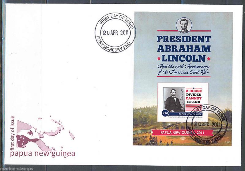 PAPUA NEW GUINEA ABRAHAM LINCOLN 150TH ANNIVERSARY CIVIL WAR S/SHEET FDC 