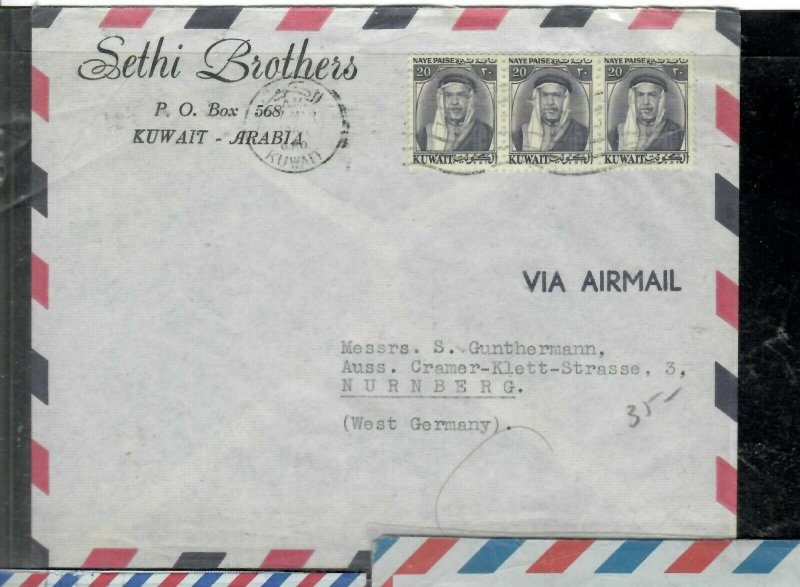 KUWAIT COVER (P0206B)1960  RULER 20NPX3 ON A/M COVER TO GERMANY