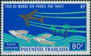 French Polynesia 1973 Sc#C96,SG167 80f Aeroplane and Flying Fish MNH