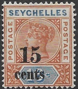 Seychelles 24a   1893   15 c OP on 13c  fine mint - hinged