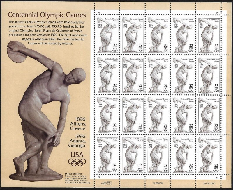 US 3087 - MNH Pane of 20 - Centennial Olympic Games. 2023 SCV $20.00 FREE SHIP! 