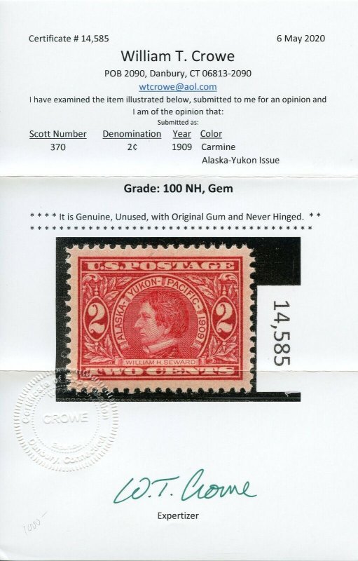 US SCOTT #370 Mint-Gem-OG-NH Graded 100 W/ Crowe Cert