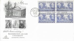 1949 FDC, #982, 3c Washington & Lee University, Art Craft, block of 4