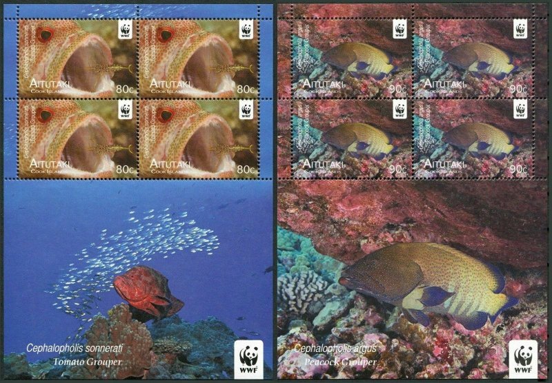 Aitutaki 543-546 sheets/4, MNH. WWF 2008.Tomato grouper,Peacock grouper.