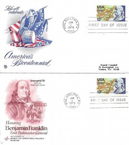 1976 FDC, #1690, 13c Benjamin Franklin, 2 different cachets